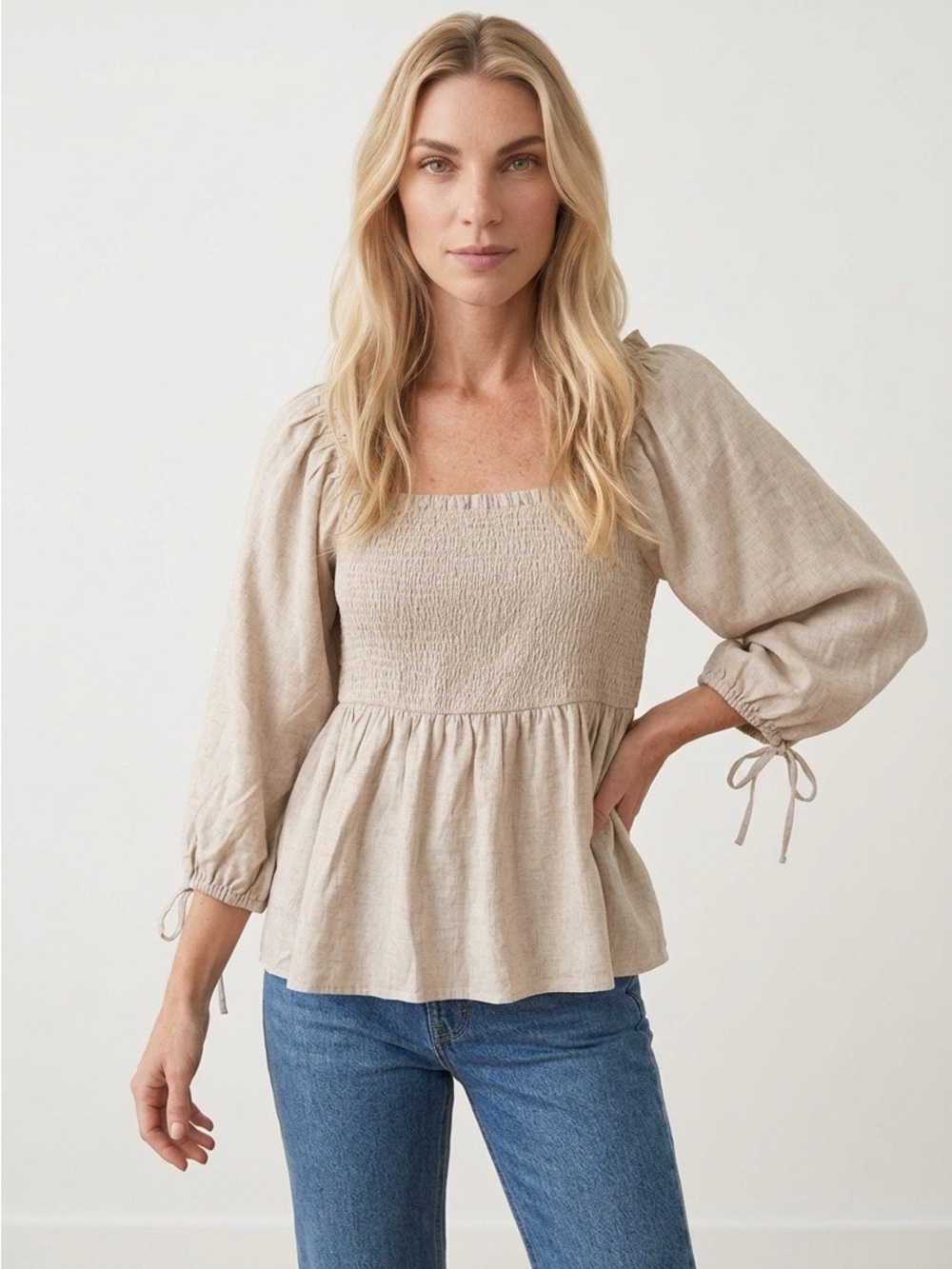 Grace & Karma Cottagecore Linen Blend‎ Top with Bell Sleeves
